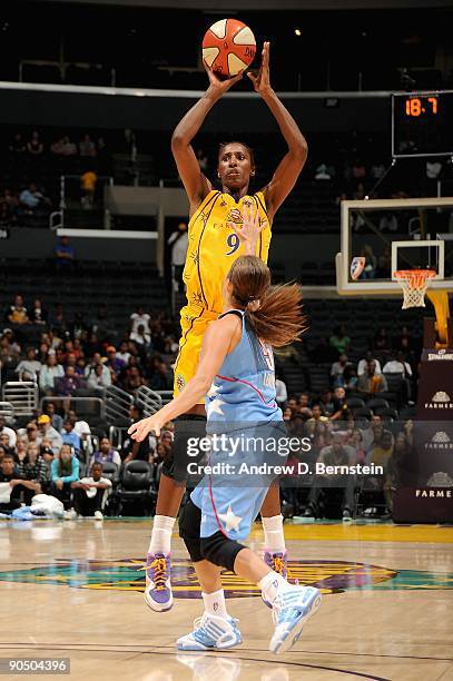 Lisa Leslie of the Los Angeles Sparks goes up for a shot over Shalee Lehning of the Atlanta Dream during the WNBA game on September 1, 2009 at...