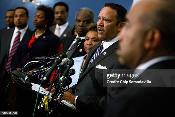 President and CEO of the National Urban League Marc Morial is joined by members of the Congressional Black Caucus for a news conference about health...