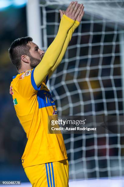 Andre-Pierre Gignac of Tigres celebrates after scoring his team's second goal during the 2nd round match between Tigres UANL and Santos Laguna as...
