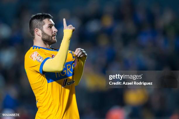 Andre-Pierre Gignac of Tigres celebrates after scoring his team's second goal during the 2nd round match between Tigres UANL and Santos Laguna as...