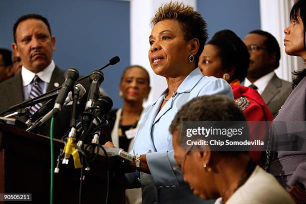 Congressional Black Caucus Chair Rep. Barbara Lee is joined by National Urban League President and CEO Marc Morial and members of the caucus for a...