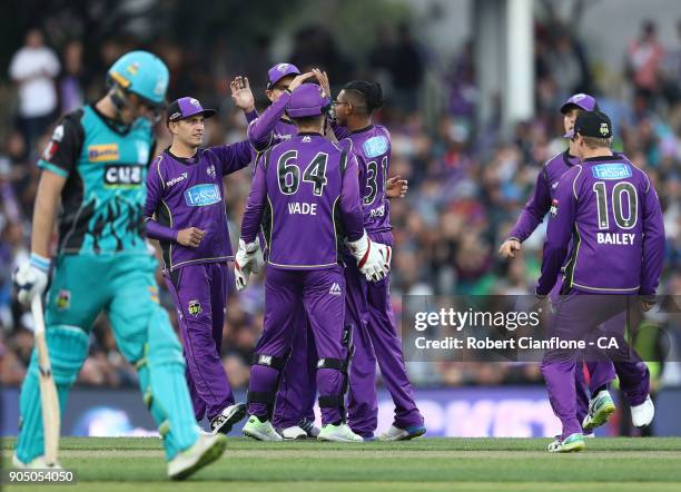 Clive Rose of the Hurricanes takes the wicket of Sam Heazlett of the Heat during the Big Bash League match between the Hobart Hurricanes and the...