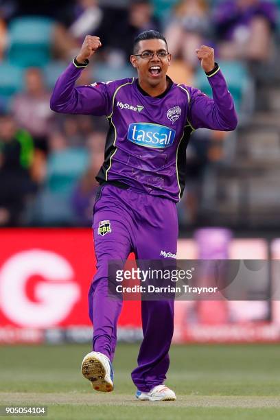 Clive Rose of the Hobart Hurricanes celebrates the wicket of Sam Heazlett of the Brisbane Heat during the Big Bash League match between the Hobart...