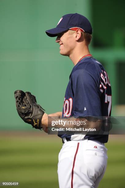 Stephen Strasburg of the Washington Nationals warms up before a baseball game against the Florida Marlins on September 5, 2009 at Nationals Park in...