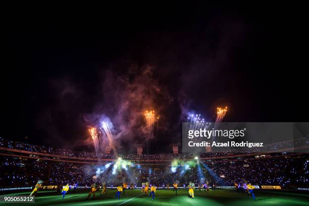 Fireworks are seen in the Universitario Stadium prior the 2nd round match between Tigres UANL and Santos Laguna as part of the Torneo Clausura 2018...