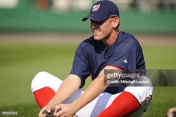 Steven Strasburg of the Washington Nationals warms up before a baseball game against the Florida Marlins on September 5, 2009 at Nationals Park in...