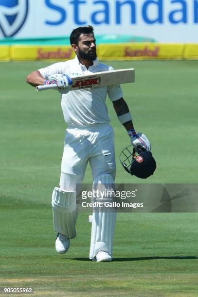 Virat Kohli of India celebrates his 100 runs during day 3 of the 2nd Sunfoil Test match between South Africa and India at SuperSport Park on January...