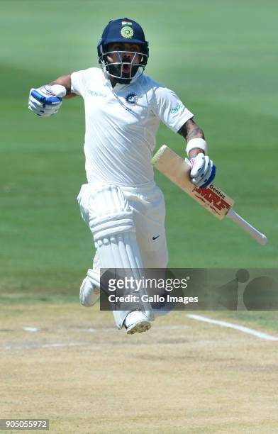 Virat Kohli of India celebrates his 100 runs during day 3 of the 2nd Sunfoil Test match between South Africa and India at SuperSport Park on January...