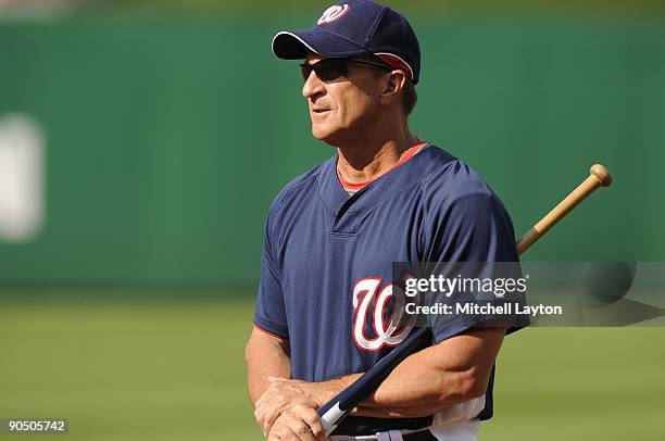 Jim Riggleman, manager of the Washington Nationals, looks on before a baseball game against the Florida Marlins on September 5, 2009 at Nationals...