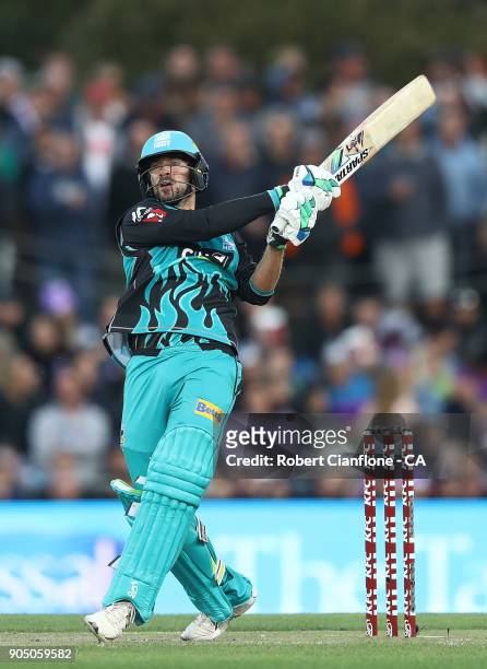 Joe Burns of the Heat bats during the Big Bash League match between the Hobart Hurricanes and the Brisbane Heat at Blundstone Arena on January 15,...