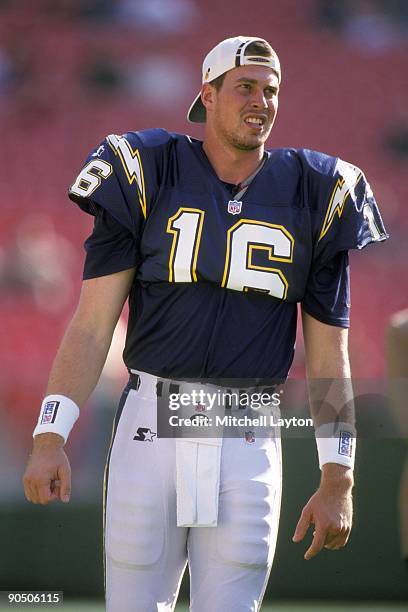 Ryan Leaf of the San Diego Chargers warms up before a NFL football game against the Washington Redskins on December 6, 1998 at Jack Kente Cooke...