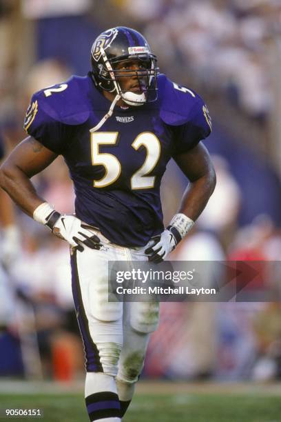 Ray Lewis of the Baltimore Ravens looks on during a NFL football game against the Philadelphia Eagles on November 9, 1997 at Memorial Stadium in...