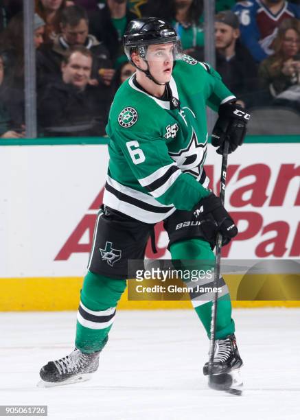 Julius Honka of the Dallas Stars handles the puck against the Colorado Avalanche at the American Airlines Center on January 13, 2018 in Dallas, Texas.