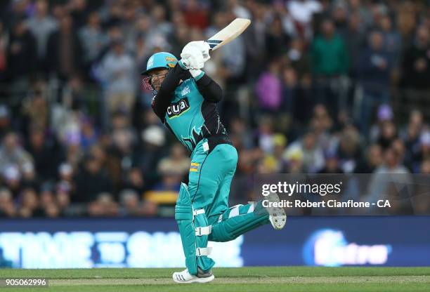 Brendon McCullum of the Heat bats during the Big Bash League match between the Hobart Hurricanes and the Brisbane Heat at Blundstone Arena on January...