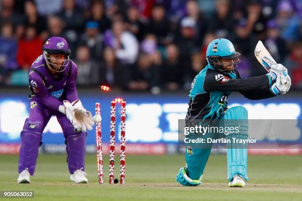 Alex Ross of the Brisbane Heat is bowled by Cameron Boyce of the Hobart Hurricanes during the Big Bash League match between the Hobart Hurricanes and...