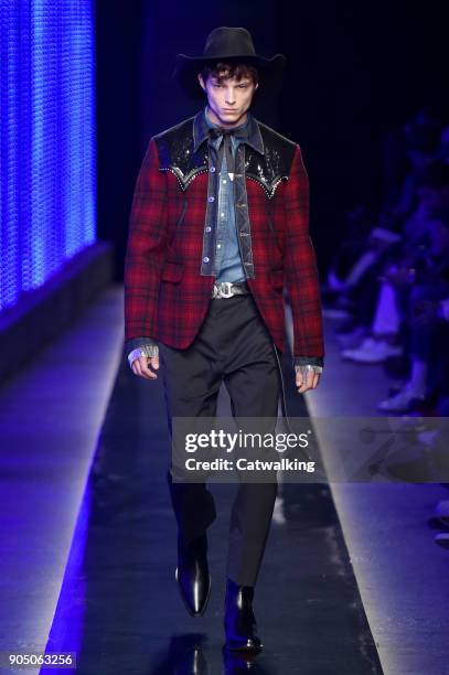 Model walks the runway at the DSquared2 Autumn Winter 2018 fashion show during Milan Menswear Fashion Week on January 14, 2018 in Milan, Italy.