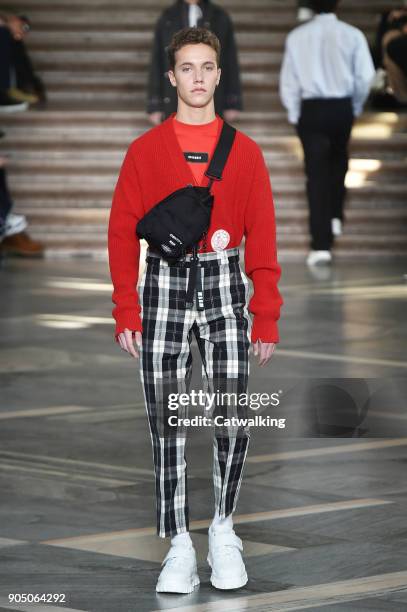 Model walks the runway at the MSGM Autumn Winter 2018 fashion show during Milan Menswear Fashion Week on January 14, 2018 in Milan, Italy.