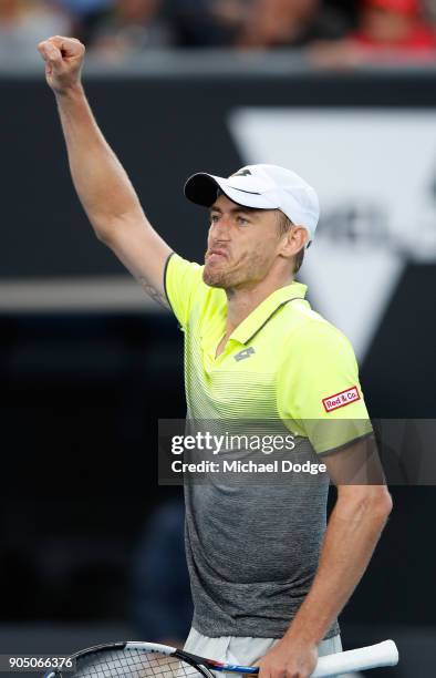 John Millman of Australia celebrates winning his first round match against Borna Coric of Croatia on day one of the 2018 Australian Open at Melbourne...