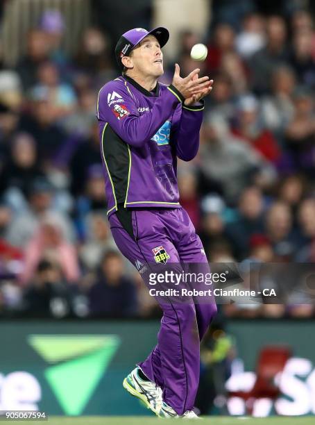 George Bailey of the Hurricanes taks a catch to dismiss Brendon McCullum of the Heat during the Big Bash League match between the Hobart Hurricanes...