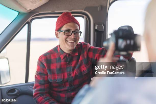 vlogging in a van - facts stock pictures, royalty-free photos & images