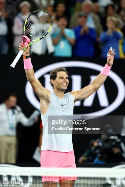 Rafael Nadal of Spain celebrates winning his first round match against Victor Estrella Burgos of Dominican Republic on day one of the 2018 Australian...