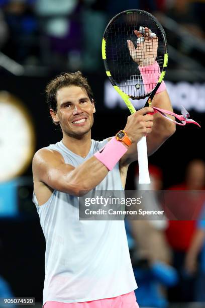 Rafael Nadal of Spain celebrates winning his first round match against Victor Estrella Burgos of Dominican Republic on day one of the 2018 Australian...