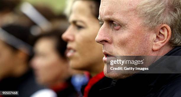German coach Ralf Peter looks on during the Women's Euro qualifying match between U17 Iceland and U17 Germany at the Akranes stadium on September 9,...