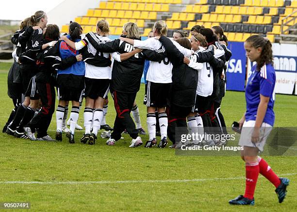 German U17 team celebrates after winning France in Women's Euro qualifying match between U17 France and U17 Germany at the Akranes stadium on...