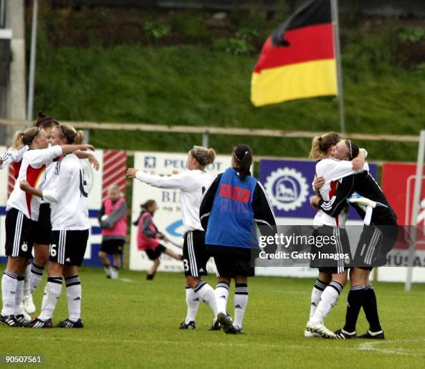 German U17 team celebrates after winning France in Women's Euro qualifying match between U17 France and U17 Germany at the Akranes stadium on...