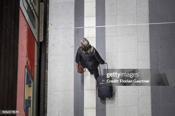 Traveller with trolley bag walks along a train on January 11, 2018 in Berlin, Germany.