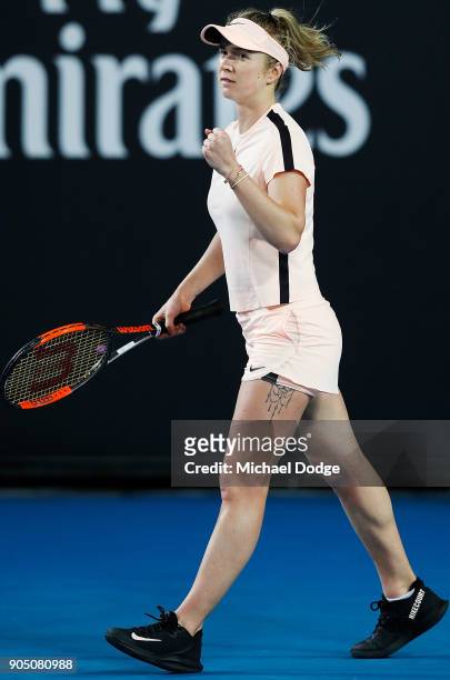 Elina Svitolina of Ukraine celebrates winning in her first round match against Ivana Jorovic of Serbia on day one of the 2018 Australian Open at...