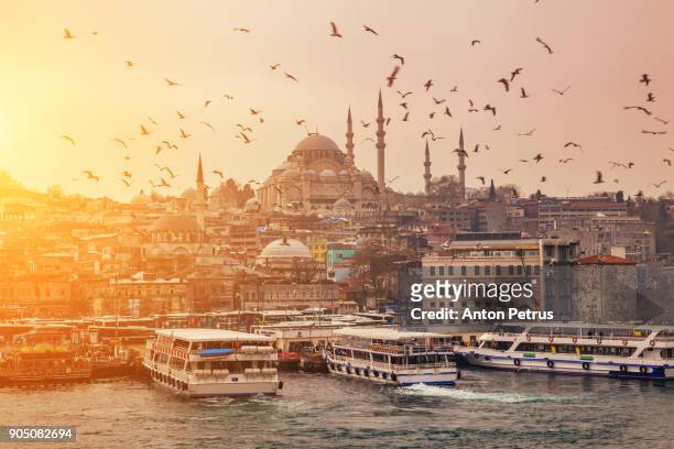 view of evening istanbul from the galata bridge - galata tower stockfoto's en -beelden