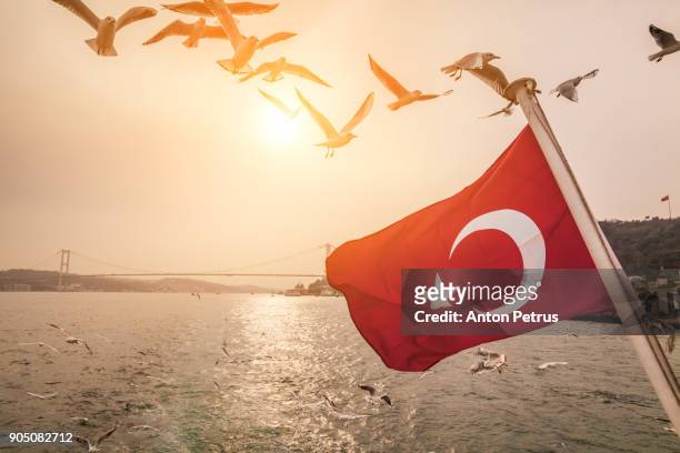 turkish flag on a ship on the background of the bosphorus bridge - türkei stock-fotos und bilder