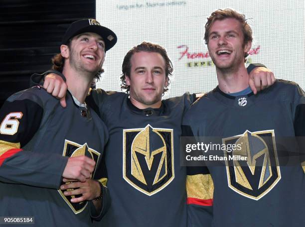 Colin Miller, Brendan Leipsic and Jon Merrill of the Vegas Golden Knights joke around after being introduced at the Vegas Golden Knights Fan Fest at...