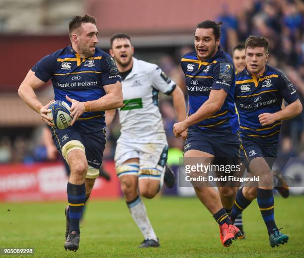 Dublin , Ireland - 14 January 2018; Leinster players, from left, Jack Conan, James Lowe and Luke McGrath during the European Rugby Champions Cup Pool...