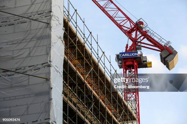 Crane, with the logo of building contractor Carillion Plc, stands on a construction site in London, U.K., on Wednesday, Jan. 10, 2018. Carillion Plc,...