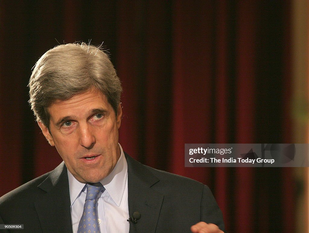 Massachusetts Senator John F Kerry's on the sets of Headlines Today in New Delhi on Thursday, January, 12, 2005. Photo by Hemant Chawla