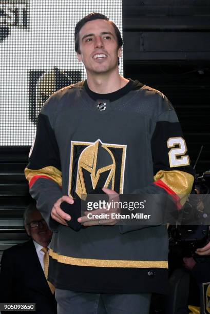 Marc-Andre Fleury of the Vegas Golden Knights throws T-shirts to the crowd as he is introduced at the Vegas Golden Knights Fan Fest at the Fremont...