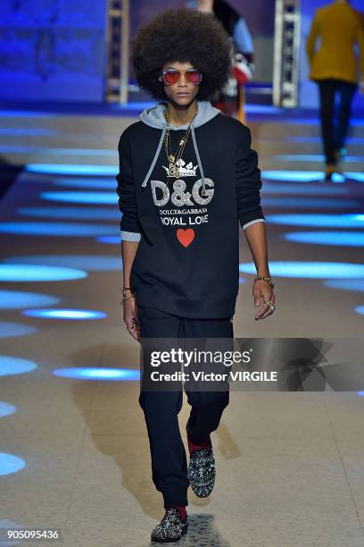 Model walks the runway at the Dolce & Gabbana show during Milan Men's Fashion Week Fall/Winter 2018/19 on January 13, 2018 in Milan, Italy.