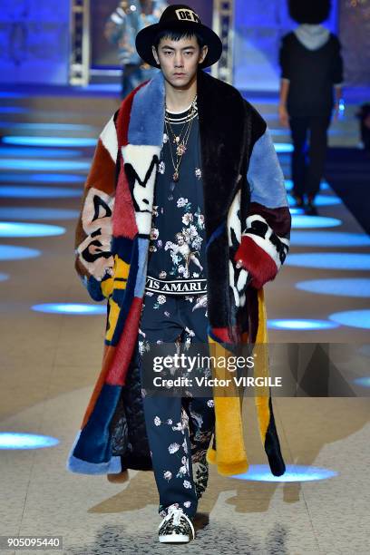 Model walks the runway at the Dolce & Gabbana show during Milan Men's Fashion Week Fall/Winter 2018/19 on January 13, 2018 in Milan, Italy.