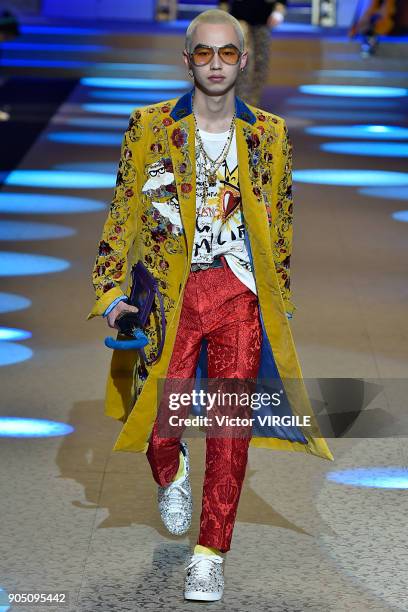 Model walks the runway at the Dolce & Gabbana show during Milan Men's Fashion Week Fall/Winter 2018/19 on January 13, 2018 in Milan, Italy.