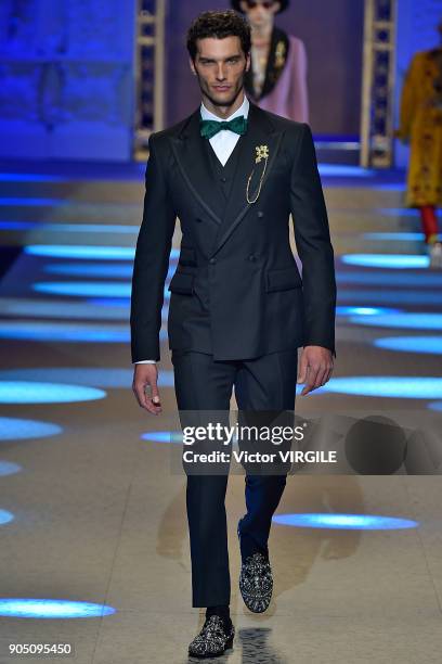 Model walks the runway at the Dolce & Gabbana show during Milan Men's Fashion Week Fall/Winter 2018/19 on January 13, 2018 in Milan, Italy.