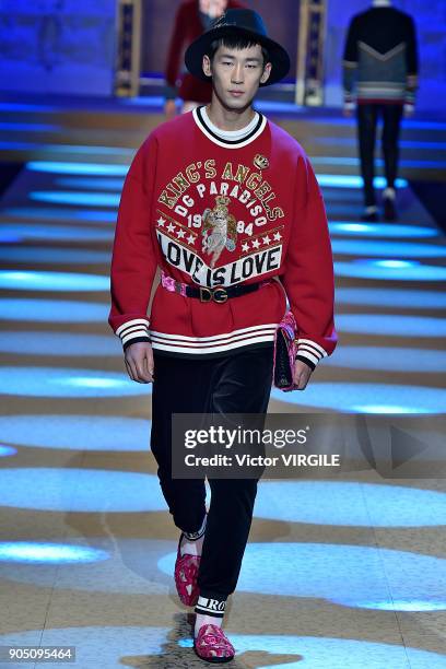 Model walks the runway at the Dolce & Gabbana show during Milan Men's Fashion Week Fall/Winter 2018/19 on January 13, 2018 in Milan, Italy.