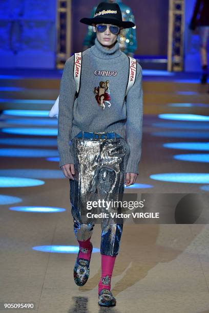 Model walks the runway at the Dolce & Gabbana show during Milan Men's Fashion Week Fall/Winter 2018/19 on January 13, 2018 in Milan, Italy.