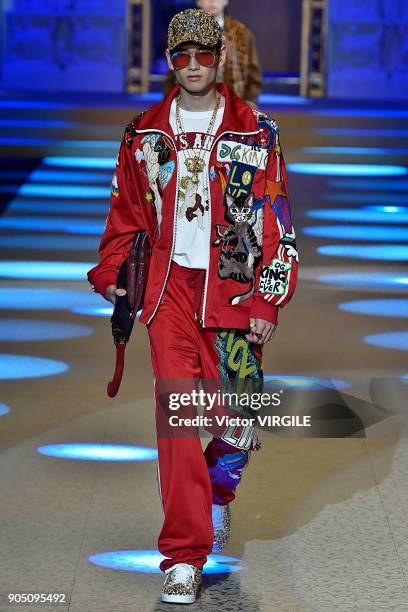 Model walks the runway at the Dolce & Gabbana show during Milan Men's Fashion Week Fall/Winter 2018/19 on January 13, 2018 in Milan, Italy.