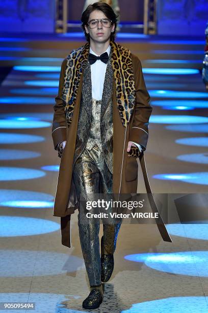 Charlie Oldman walks the runway at the Dolce & Gabbana show during Milan Men's Fashion Week Fall/Winter 2018/19 on January 13, 2018 in Milan, Italy.