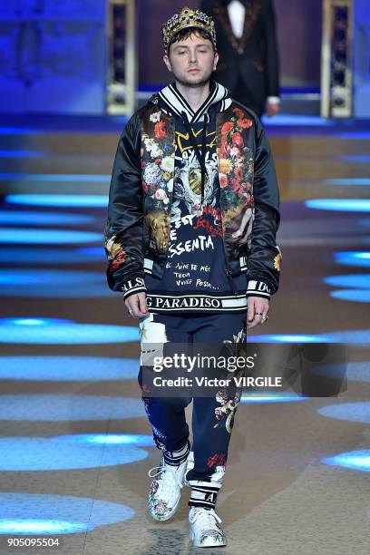 Model walks the runway at the Dolce & Gabbana show during Milan Men's Fashion Week Fall/Winter 2018/19 on January 13, 2018 in Milan, Italy.