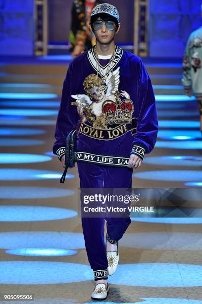 Model walks the runway at the Dolce & Gabbana show during Milan Men's Fashion Week Fall/Winter 2018/19 on January 13, 2018 in Milan, Italy.