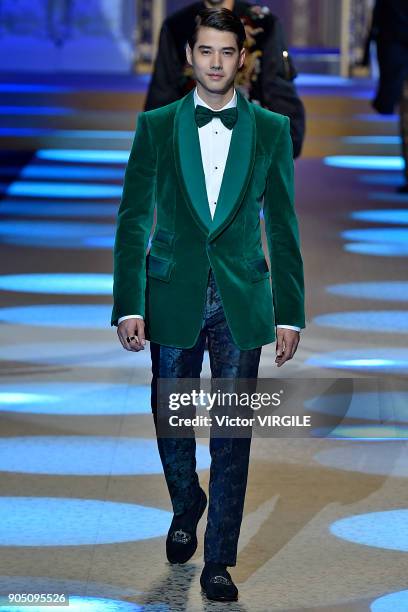 Model walks the runway at the Dolce & Gabbana show during Milan Men's Fashion Week Fall/Winter 2018/19 on January 13, 2018 in Milan, Italy.