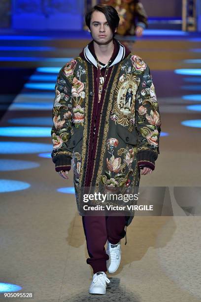 Dylan Jagger Lee walks the runway at the Dolce & Gabbana show during Milan Men's Fashion Week Fall/Winter 2018/19 on January 13, 2018 in Milan, Italy.